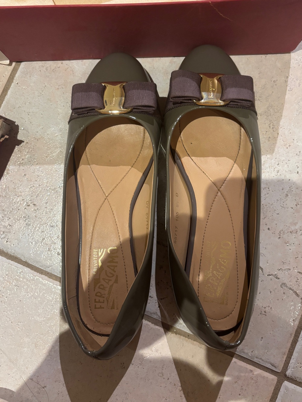 Salvatore Ferragamo Olive Patent Vara Bow Flats